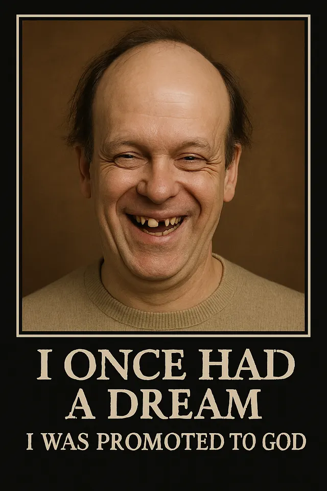 Norm Westervelt satire motivational poster: A man with missing teeth smiles intensely. Text below reads 'I ONCE HAD A DREAM I WAS PROMOTED TO GOD'